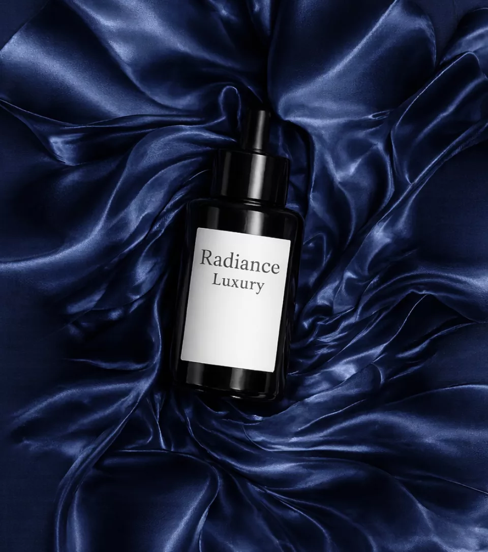 This image uses a radial composition, where the satin fabric seems to swirl around the product like a vortex.