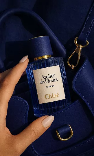 A sun-kissed woman with glowing skin and pearl earrings holding a square blue perfume bottle close to her chin in warm light.