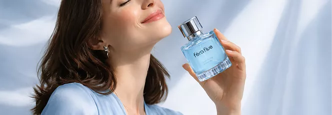 Smiling woman in light blue blouse holding Fera Five perfume bottle near her face with eyes closed in delight