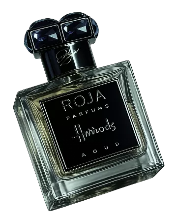 Roja Parfums Harrods Aoud fragrance bottle with dark jewel-topped cap on black background in luxury style