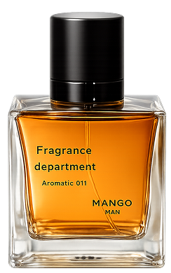 Mango Man Aromatic 011 fragrance featuring a weighted glass base, vibrant amber-colored liquid, and a matte black cap.