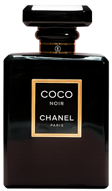 Chanel Coco Noir in a signature opaque black glass bottle with gold-rimmed labeling and a matching black architectural cap.