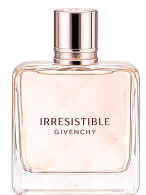 Givenchy Irresistible perfume in a square, rose-tinted bottle with a quilted geometric pattern and a polished rose gold cap.