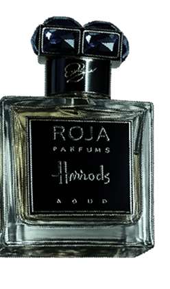 Roja Parfums Harrods Aoud fragrance bottle with dark jewel-topped cap on black background in luxury style